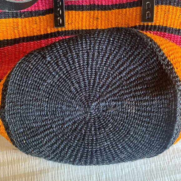 African Kiondo Kenya Sisal Straw Market Bag Leather Straps Orange Pink Black - Picture 4 of 5